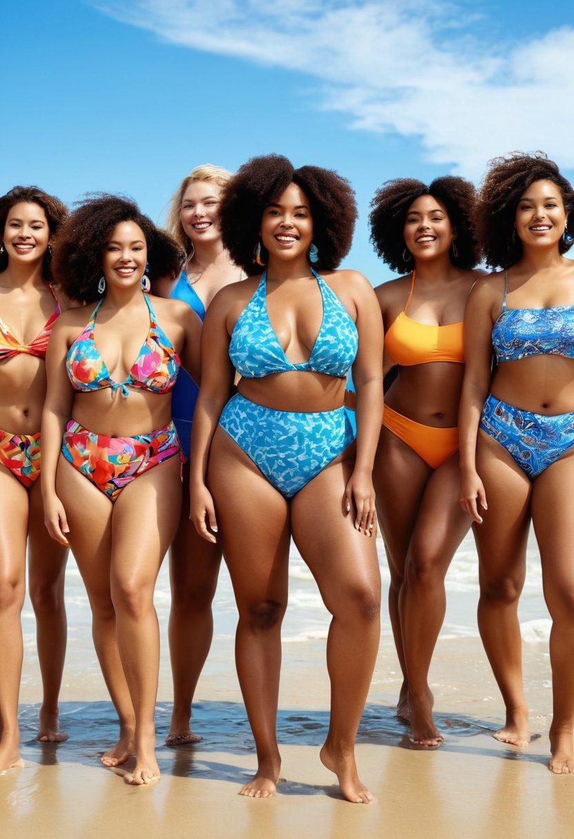 A diverse group of models showcasing vibrant, trendy swimwear on a sunny beach, embracing body positivity with joyful expressions. Include a backdrop of clear blue skies and ocean waves, emphasizing inclusivity and confidence. The scene should radiate warmth and happiness, with a focus on colorful patterns and styles that celebrate all body shapes. bright and cheerful. super-realistic. vibrant colors.